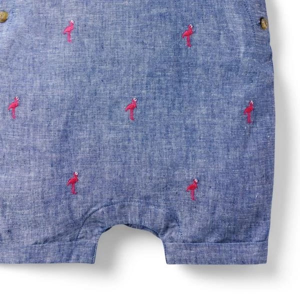 Baby Embroidered Flamingo Overall Cadet Blue Flamingo 4 Baby Embroidered Flamingo Overall Cadet Blue Flamingo - Image 4