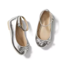 Metallic Ankle Strap Bow Ballet Flat Silver