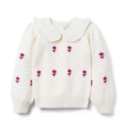 Cable Knit Floral Collared Sweater Ivory Floral