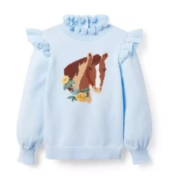 Horse Ruffle Sweater Blue Feather