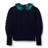 Cable Knit Tartan Collar Sweater Dark Marine