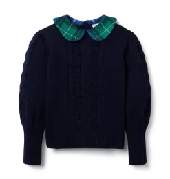 Cable Knit Tartan Collar Sweater Dark Marine