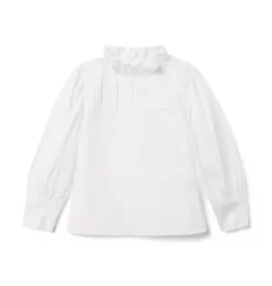 Pintuck Ruffle Collar Top Jet Ivory