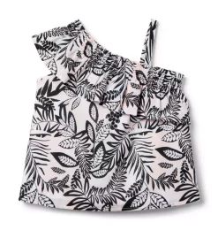 Tropical Leaves Ruffle Shoulder Top Hopscotch Pink Tropical Leaves