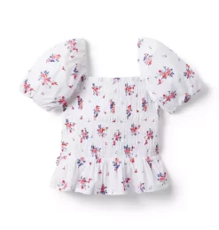 Floral Smocked Bubble Sleeve Top White Floral