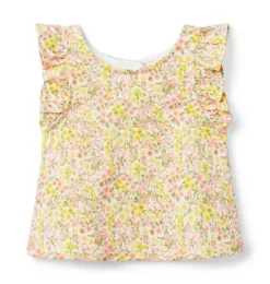 Floral Ruffle Sleeve French Terry Top Peach Amber Floral