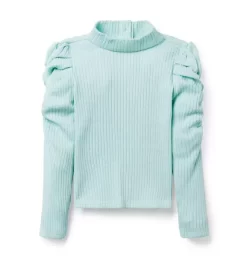 Ribbed Puff Sleeve Top Aqua