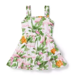 Tropical Flamingo Ruffle Sundress White Tropical Flamingo