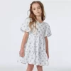 Floral Stripe Bubble Sleeve Dress Jet Ivory Floral Stripe