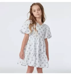 Floral Stripe Bubble Sleeve Dress Jet Ivory Floral Stripe