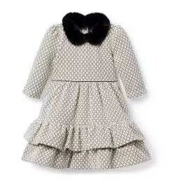 Geo Faux Fur Collared Dress White Geo