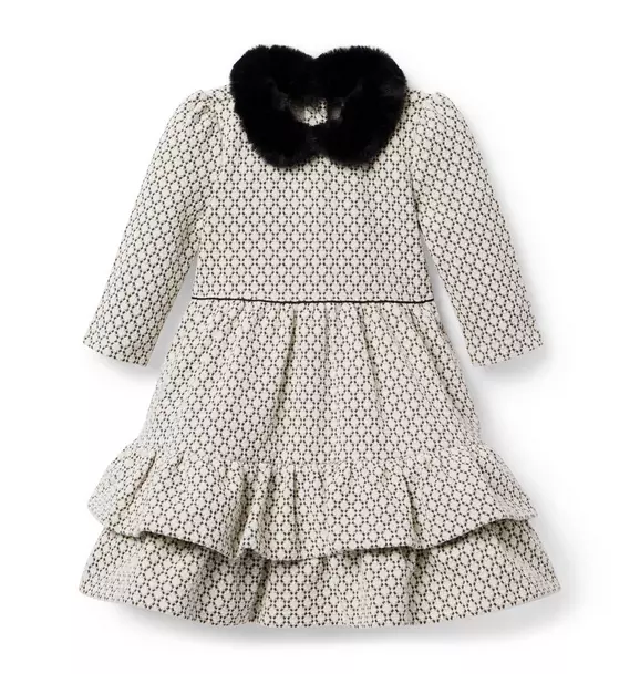 Geo Faux Fur Collared Dress White Geo 1 Geo Faux Fur Collared Dress White Geo