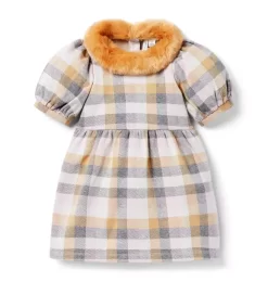 Tartan Faux Fur Collared Dress Camel Tartan