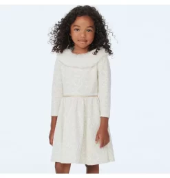 Floral Jacquard Faux Fur Collared Dress Ivory Floral