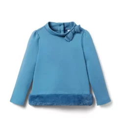 Faux Fur Trim Ponte Top Winter Blue