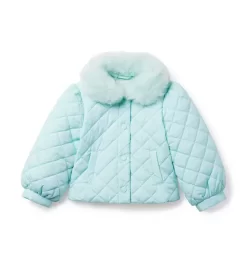 Faux Fur Collar Quilted Puffer Jacket Aqua