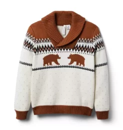 Bear Fair Isle Shawl Collar Sweater Antique White Fair Isle