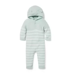 Baby Striped Bear Ear Hooded One-Piece Pale Aqua Stripe