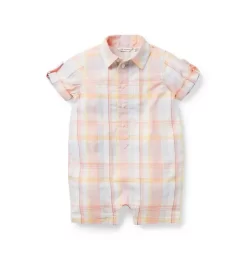 Baby Madras Plaid Romper Coral Almond Plaid