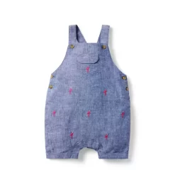 Baby Embroidered Flamingo Overall Cadet Blue Flamingo